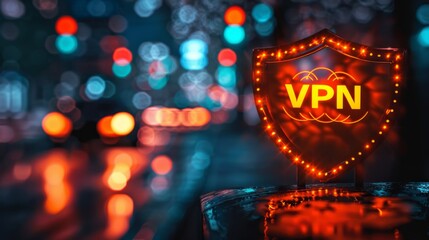 Poster - Online security shield illuminated at night with colorful lights showcasing VPN protection for internet users