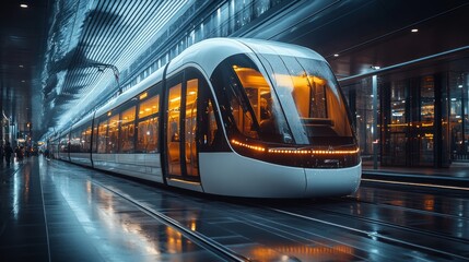 Fototapete - An automated subway train stands at a bustling urban transit station, illuminated by warm lights, as commuters prepare to embark during the evening.
