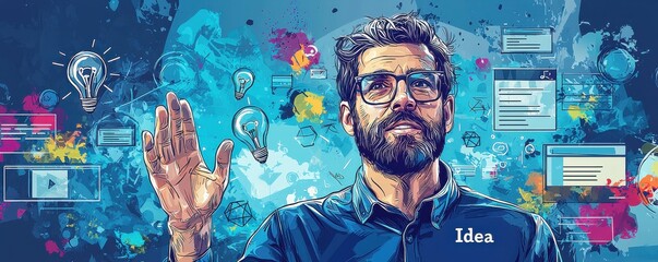 Poster - Creative individual brainstorming ideas surrounded by modern digital design elements