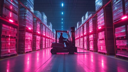 Poster - A forklift operator navigates along aisles filled with stacked pallets, illuminated by vibrant colored lights, efficiently moving inventory in a bustling warehouse environment.