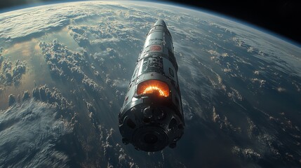 Poster - Rocket engages retropropulsion systems to slow descent as it approaches Earth, highlighting advanced recovery technology for safe landings after spaceflight.