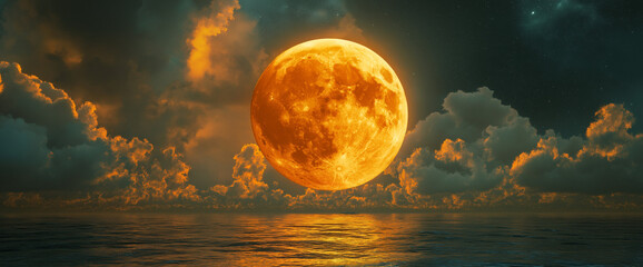 Wall Mural - A captivating blood moon scene with the moon's reflection shimmering on the water's surface, creating a magical and enchanting view