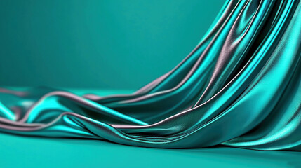 Poster -   A close-up of a blue cloth with a flowing fabric on its side on a green background