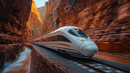 Fototapete - A sleek maglev train glides smoothly along railway tracks nestled between steep canyon walls during a breathtaking sunset. Nature's beauty contrasts with advanced transportation.