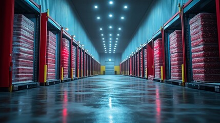 Poster - Rows of neatly organized pallets filled with perishable goods are stored in a climate controlled cold storage facility, designed for efficient logistics and distribution operations.