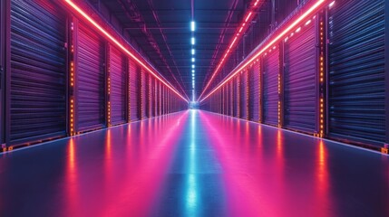 Fototapete - Brightly lit warehouse features neon pink and blue lights along the aisles, enhancing visibility for sorting and storage activities during a logistics operation.