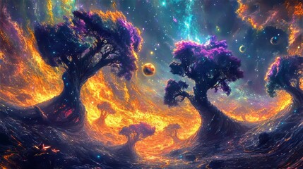 Wall Mural - Nebula Trees: A cosmic forest of nebulae resembling trees, their tendrils expanding through the space around them.