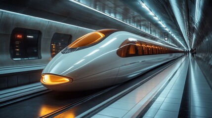 Fototapete - A futuristic maglev train stands ready on the platform of a sleek underground station, showcasing advanced design and superior mobility technology in logistics and transportation.