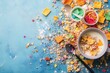 © Jana - Colorful cereal and milk create a lively breakfast mess on a blue surface in a cheerful kitchen setting
