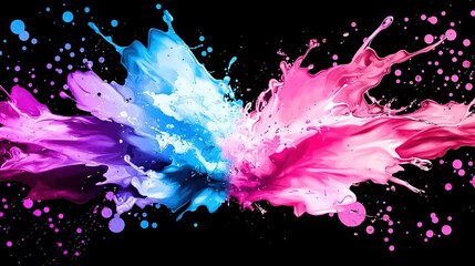 Poster -   A colorful splash of paint on a dark canvas featuring pink, blue, and purple speckles