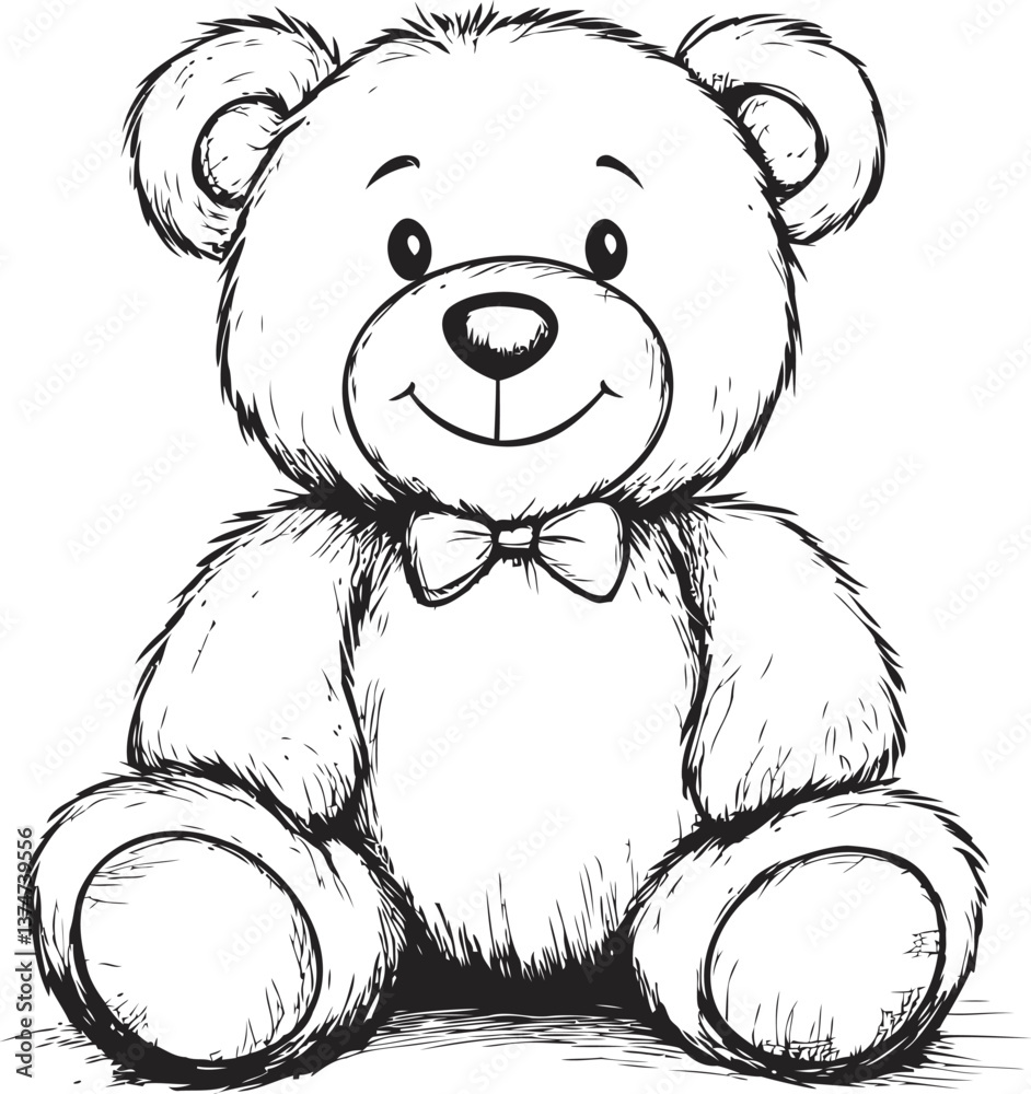 Smiling teddy bear illustration with bowtie in black and white hand ...