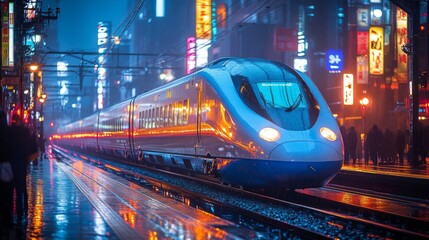 Aufkleber - A highspeed train travels along tracks in a vibrant city under rain, surrounded by glowing advertisements and busy pedestrians. The scene highlights advanced transportation technology.
