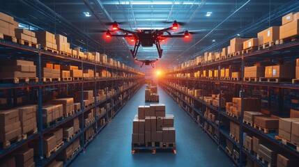 Fototapete - A drone is positioned above rows of stacked boxes in a large warehouse, efficiently managing inventory as the sun sets, highlighting advanced logistics technology.