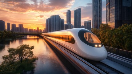 Aufkleber - A highspeed maglev train travels smoothly along elevated tracks over a river, surrounded by skyscrapers, as the sun sets and casts a warm glow on the scene.