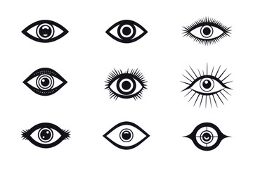 Poster - A collection of nine stylized eye illustrations in black and white on a black background