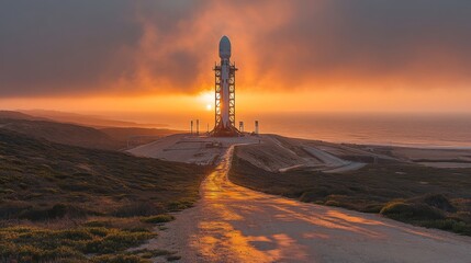 Poster - A rocket is positioned on the launch pad, silhouetted against a stunning sunset. This setting highlights ongoing advancements in aerospace technology and spaceflight preparations.