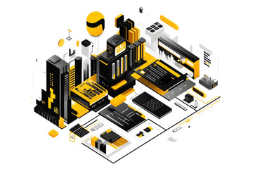 Poster - Isometric illustration featuring a futuristic city with yellow and black color scheme
