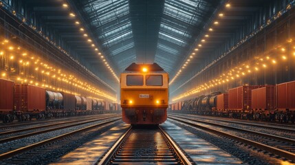 Aufkleber - An industrial interior of a cargo terminal features a vibrant freight train positioned on well lit tracks, surrounded by waiting containers and cargo wagons, illustrating modern logistics.