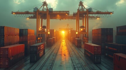 Aufkleber - Freight containers are organized in a distribution center as the sun sets behind towering cranes, casting a warm glow over the storage area. The atmosphere highlights the logistics activity.
