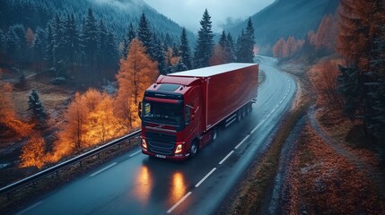 Aufkleber - A red freight truck travels along a winding road through a picturesque mountain area, with vibrant autumn leaves and a calm weather. The scene captures the essence of logistics and transport.