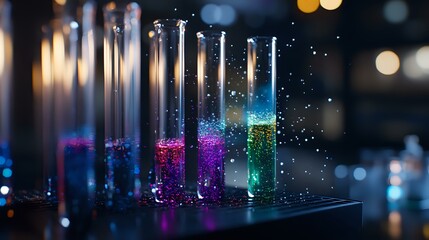 Poster - Colorful chemical reactions in glass test tubes with glowing liquids and sparkles against dark background, creating magical laboratory atmosphere.