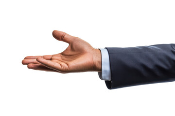 a hand extended in a gesture of offering wearing a suit sleeve on a black background image view