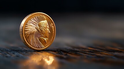 Poster - Shiny gold coin with Native American chief profile standing on edge against dark textured surface with dramatic lighting and reflection.