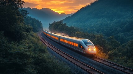 Aufkleber - A high speed train travels smoothly through lush green mountains as the sun sets, illuminating the landscape with warm colors, symbolizing advanced urban transportation solutions.