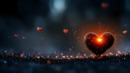 Poster - Glowing heart shape with magical sparkles and floating red hearts against dark background creates romantic atmosphere for Valentine's Day designs.