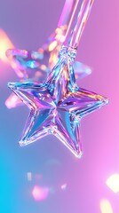 Poster - Crystal star ornament with iridescent reflections against pink and blue gradient background, creating magical holiday atmosphere with soft bokeh lights.