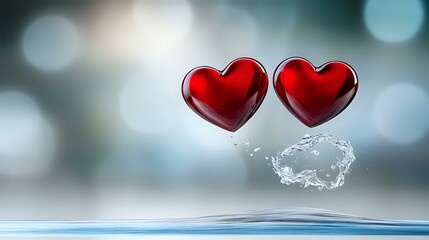 Poster - Two glossy red hearts floating above rippling water surface with dreamy bokeh background and delicate splash reflection creates romantic atmosphere.