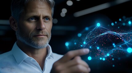 Poster - Mature businessman interacting with glowing blue digital network visualization, futuristic technology concept showing innovation and artificial intelligence.