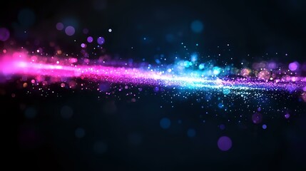 Poster - Magical glowing line with sparkling particles and bokeh effects in pink and blue colors against dark background creates cosmic atmosphere and energy flow.