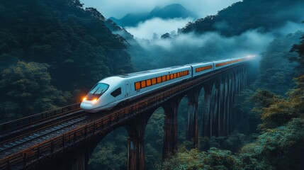 Poster - A modern highspeed train glides over a majestic viaduct, cutting through dense forests and misty mountains, showcasing the beauty of transportation at dusk.