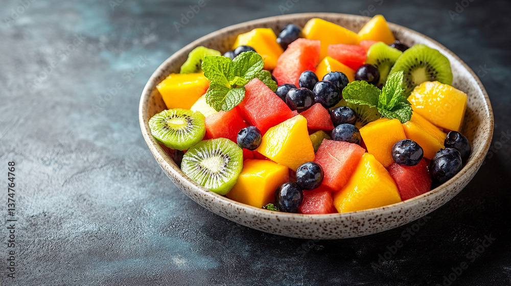 vibrant plate of mixed fruit salad featuring watermelon, kiwi, mango, and blueberries symbolizing freshness, vitality, and the essence of healthy living in a modern lifestyle