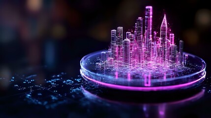 Poster - Futuristic glowing cityscape hologram in purple and blue neon colors floating above circular platform against dark background, modern technology concept.
