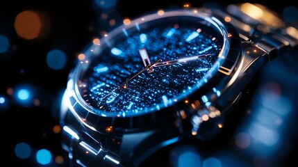 Poster - Luxury watch with metallic bracelet on dark background with blue bokeh lights and reflections. Close up macro shot showing intricate details and premium craftsmanship.