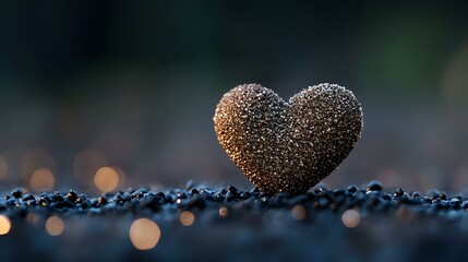 Poster - Golden heart shape on dark textured surface with bokeh lights and shallow depth of field, romantic mood for Valentine's day cards and love concepts.