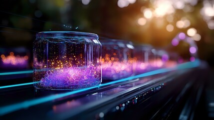 Poster - Glowing glass jar with magical purple light and sparkles on illuminated surface against blurred bokeh background creates mystical atmosphere.