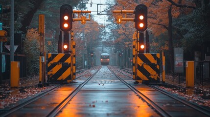 Aufkleber - Transport infrastructure features bright signals illuminating the tracks as a train approaches amidst colorful autumn foliage and wet surfaces.