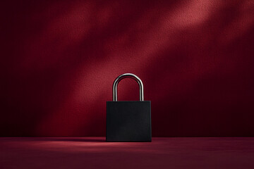 Poster - Black padlock on maroon textured background, illuminated by soft light, symbolizing security, privacy, or protection