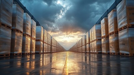 Poster - In a spacious warehouse, neatly stacked pallets of cargo stretch towards the horizon. The floor reflects the warm hues of the sunset, enhancing the atmosphere of productivity and order.