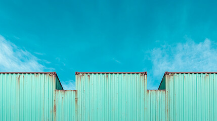 Aufkleber - Teal-colored shipping containers against a vibrant blue sky, creating a minimalist and industrial aesthetic, suitable for background or design purposes
