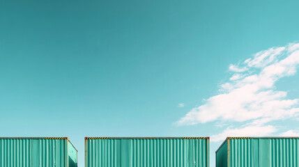 Poster - Teal shipping containers against a bright blue sky with clouds, showcasing a minimalist and industrial aesthetic, ideal for shipping, logistics, or transportation concepts