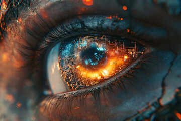 Leinwandbilder - Close-up of eye with circuit board reflected in iris, showcasing vibrant orange and blue hues, symbolizing technology, future, and innovation