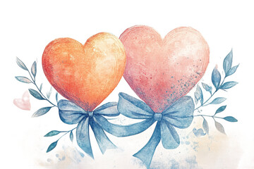Poster - Two watercolor hearts with blue bows and leaves against a transparent background design element
