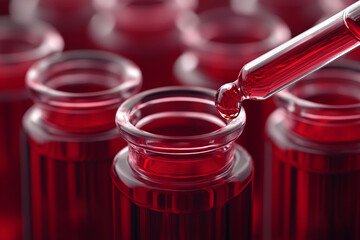 Poster - Close-up of red liquid being poured into glass vials, showcasing a scientific or medical process, representing precision, research, or analysis