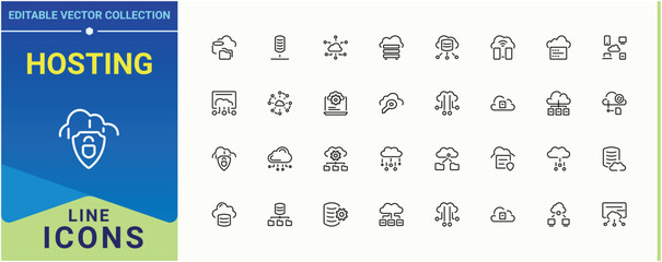 Poster - Hosting vector line icon set. Included cloud, data, network, networking, technology, storage and more. Cloud Server simple icon. Thin UI icons. Signs for web and mobile app.
