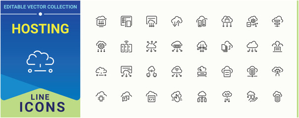 Poster - Hosting vector line icon set. Included cloud, data, network, networking, technology, storage and more. Cloud Server simple icon. Thin UI icons. Signs for web and mobile app.