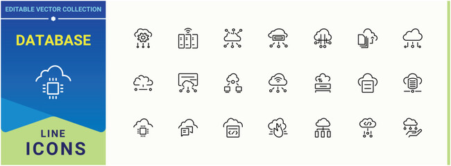 Poster - Database icon set. Containing network, networking, server, computing, hosting, tech, cloud and more. Cloud Server icon. Simple line vector icons. Editable stroke collections.